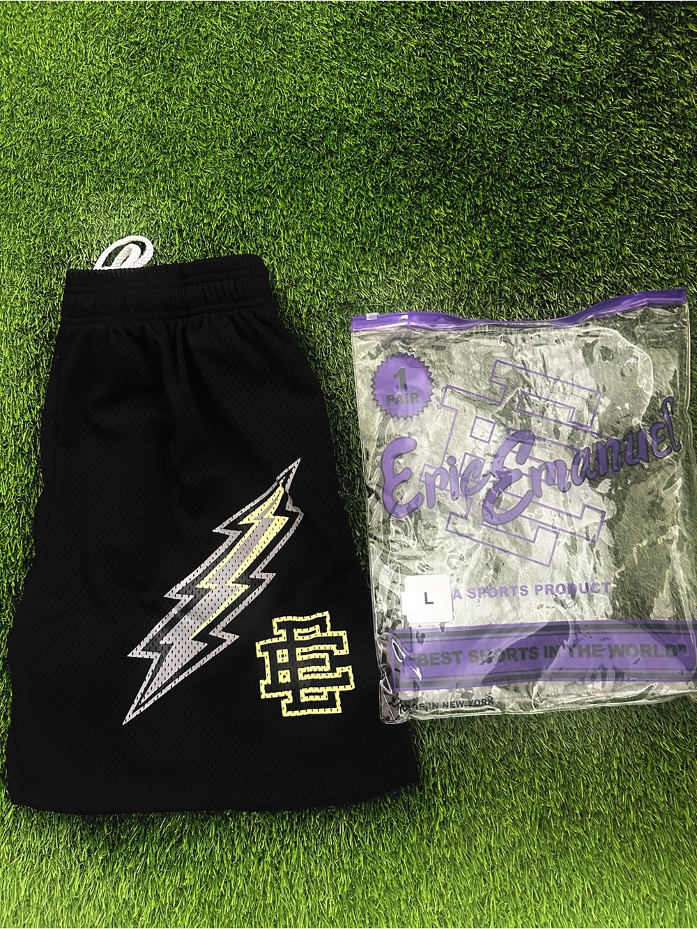 Eric Emanuel Black Mesh Shorts with Yellow Lightning - Picture 2 of 4